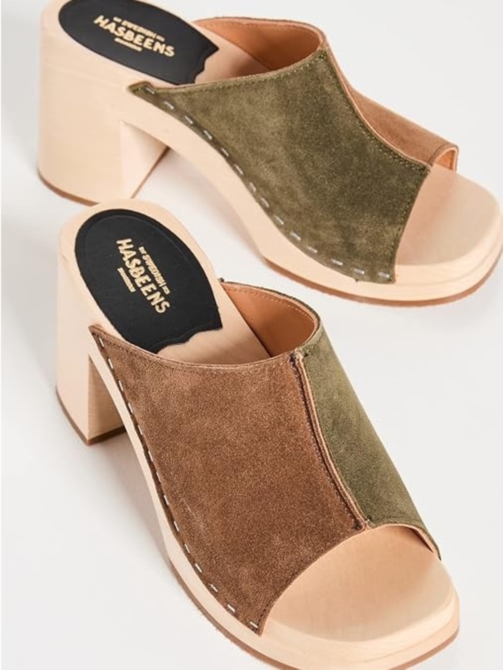 Swedish Hasbeens Two-Tone Suede Block Heel Mules — Olive & Brown